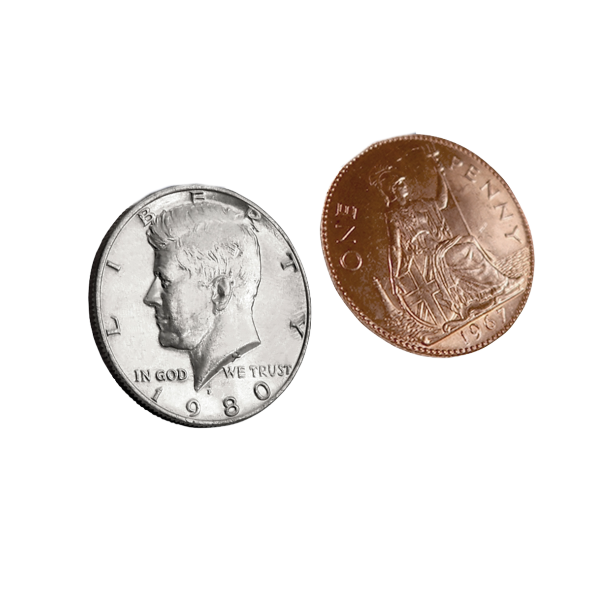Magic Makers Vanishing Coin English Penny featuring a no-background close-up view of the coin gimmick for astonishing and visual close-up magic performances.