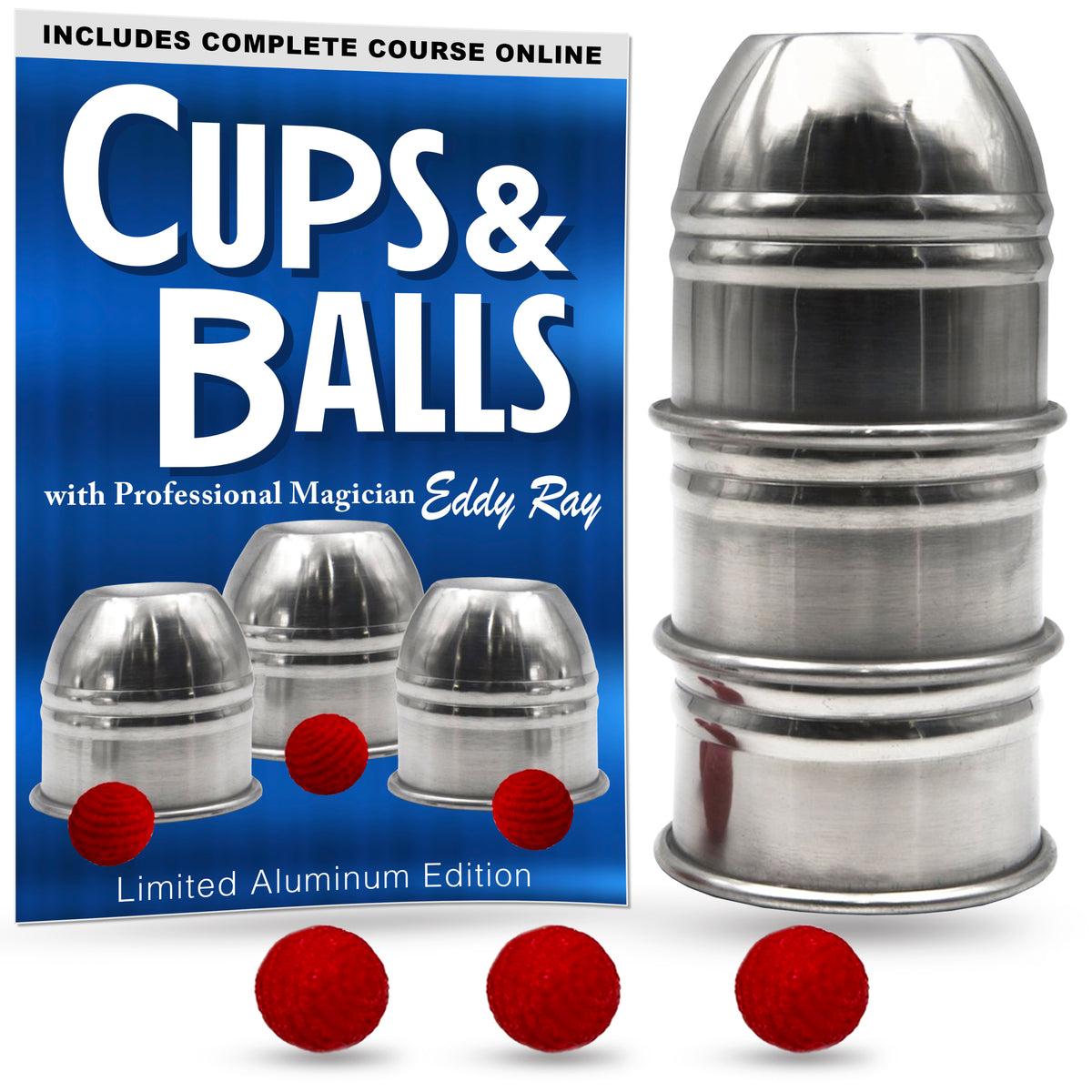 Cups and Balls Magic Trick -  Polished Aluminum with Complete Course