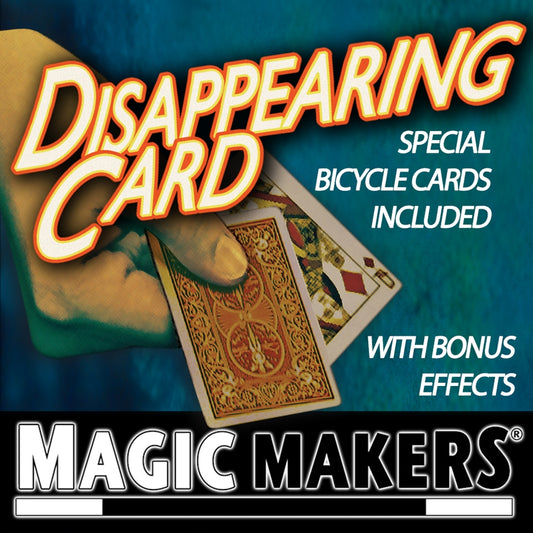 Vibrant packaging of the Disappearing Card Trick kit, featuring special Bicycle back cards for mastering classic magic.