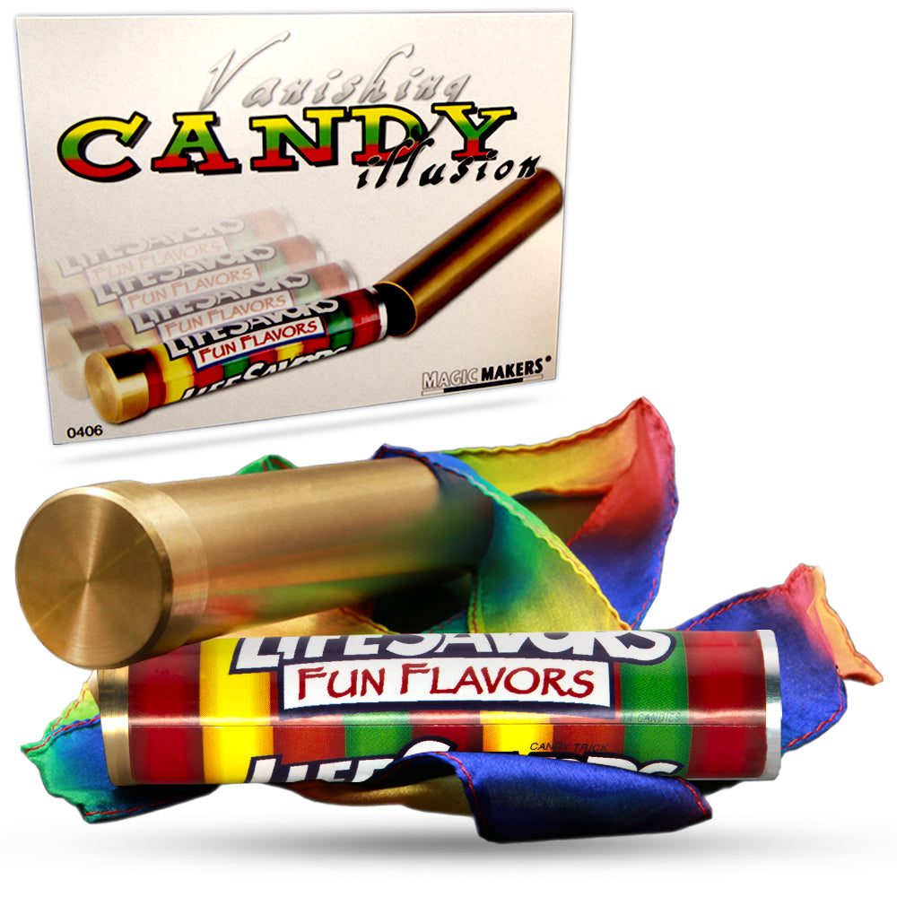 Close-up of the Vanishing Candy Illusion trick, showcasing a shiny brass tube, colorful candy, and a vibrant rainbow silk streamer.