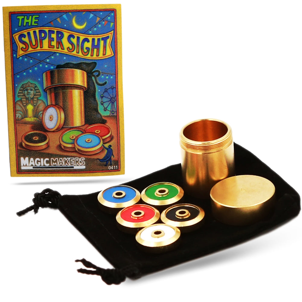 Close-up view of The Super Sight Mind Reading Illusion, featuring a small container and colorful disks for a captivating magic trick.