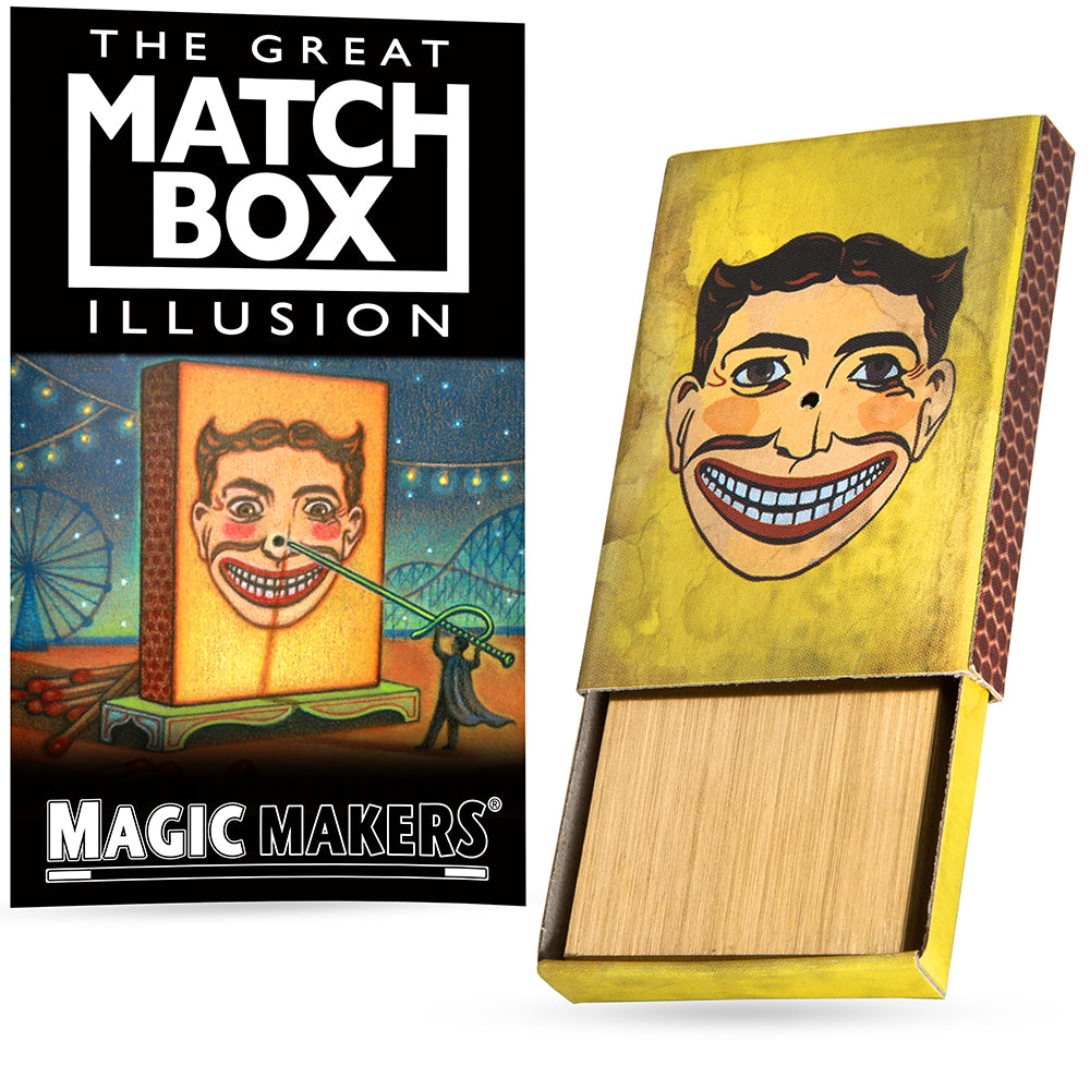 Close-up of The Matchbox Mystery, a pocket-sized magic trick with a matchbox and toothpick, showcasing a baffling solid block illusion.