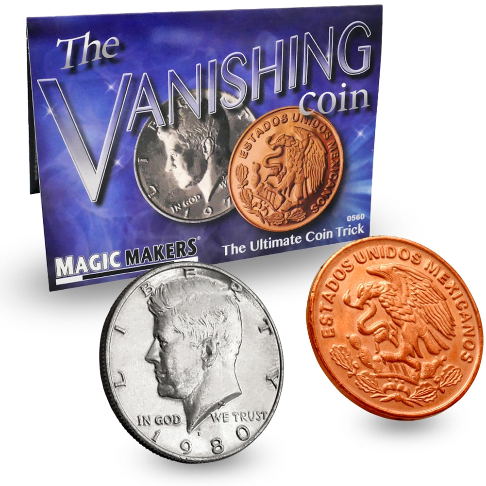 Close-up view of the Vanishing Coin Mexican Centavos Edition, showcasing a shiny coin and clever magic gimmick for astonishing tricks.