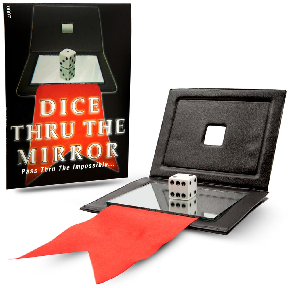 Intriguing Dice Thru Mirror Trick showing a wallet with a mirror insert and a red die poised to magically pass through.