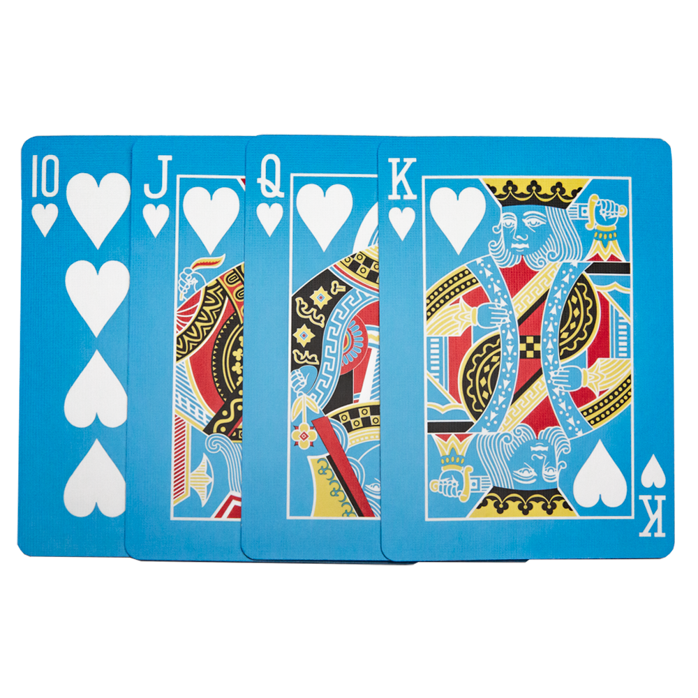 Vibrant light blue Bicycle playing cards with striking black and white pips on full-color court cards, ideal for magic and play.