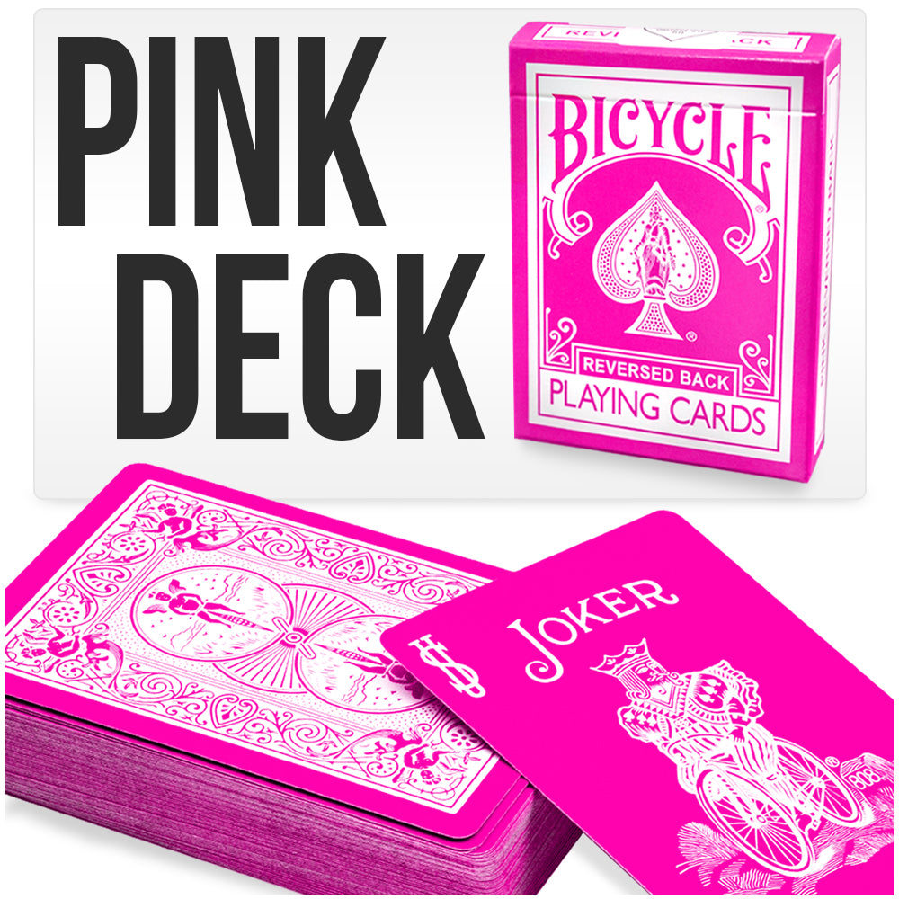 Vibrant hot pink Bicycle Back playing cards with striking black and white pips on full-color court cards, ideal for card tricks and games.