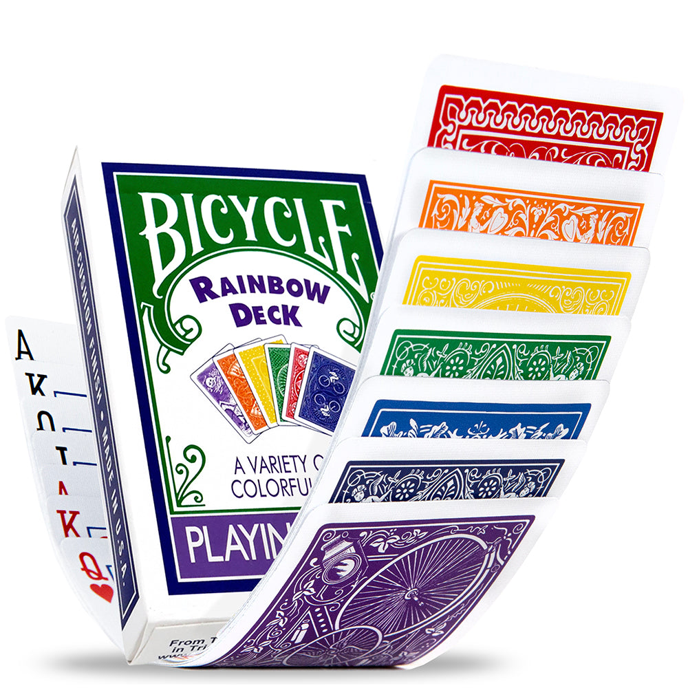 Vibrant Bicycle Back Rainbow Deck cards fanned out, showcasing a stunning array of colorful designs for magical effects.