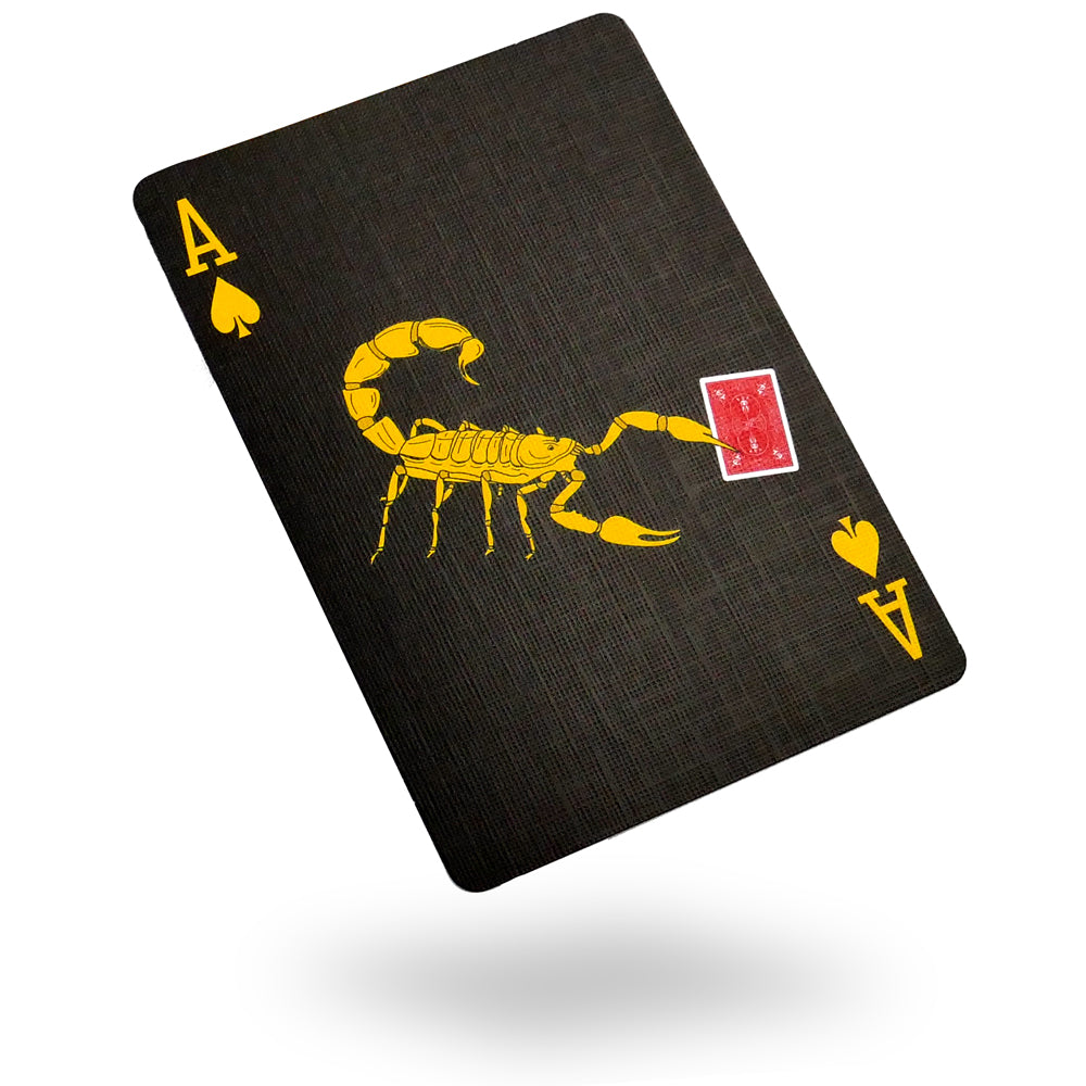 Striking black and yellow Magic Black Scorpion Bicycle Deck with bold white pips, showcasing a unique two-toned design.