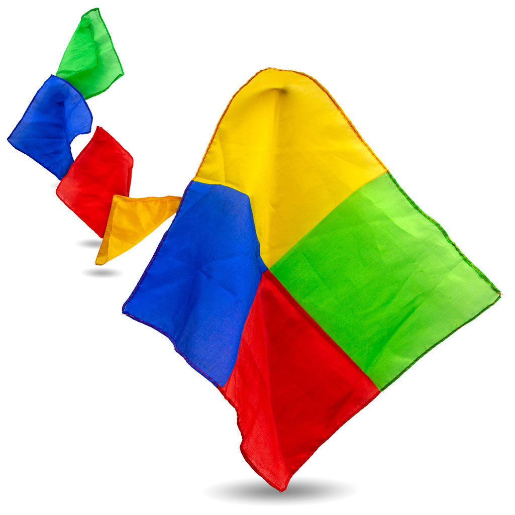 Vibrant Magic Makers Color Silk Blendo trick with four colorful silk scarves transforming into one stunning, seamless piece.