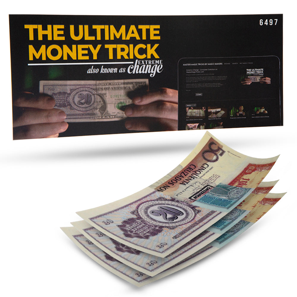 A magician's hand holding a bill that transforms into different currencies with the Ultimate Money Trick gimmick.