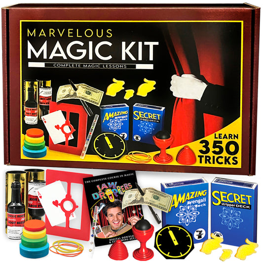Dive into a world of wonder with the Marvelous Magic Kit, showcasing an array of colorful tricks and props for aspiring magicians.