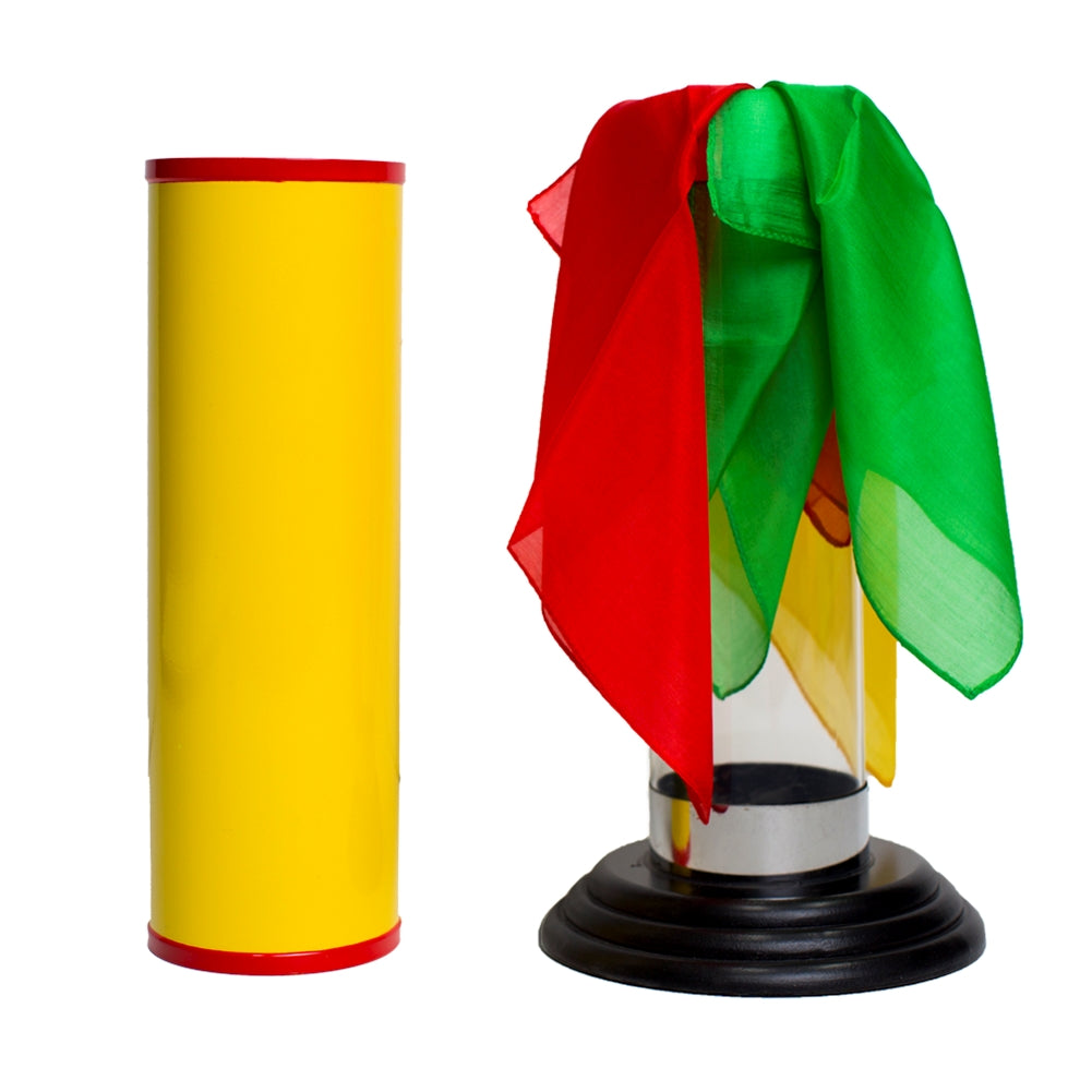 Vibrant magic trick setup featuring a Crystal Silk Cylinder with colorful silks, a yellow tube, and a sleek black base.