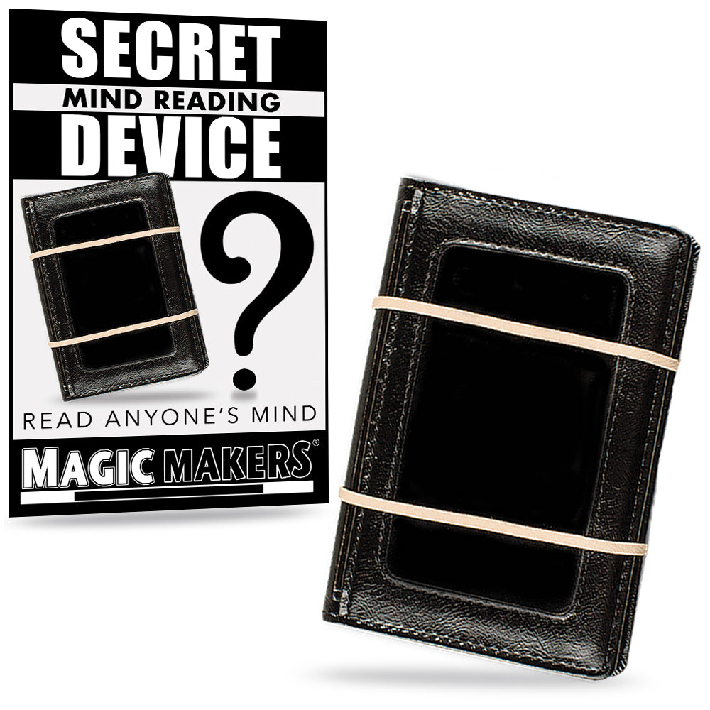 Compact Secret Mind Reading Device wallet in black, sealed with rubber bands, ready to reveal hidden thoughts.