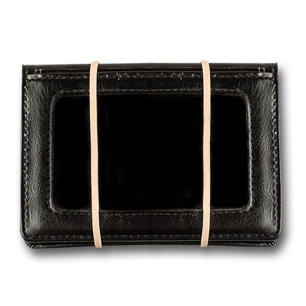 Close-up view of the Secret Mind Reading Device, a compact black wallet with rubber bands, designed for astonishing mentalist tricks.