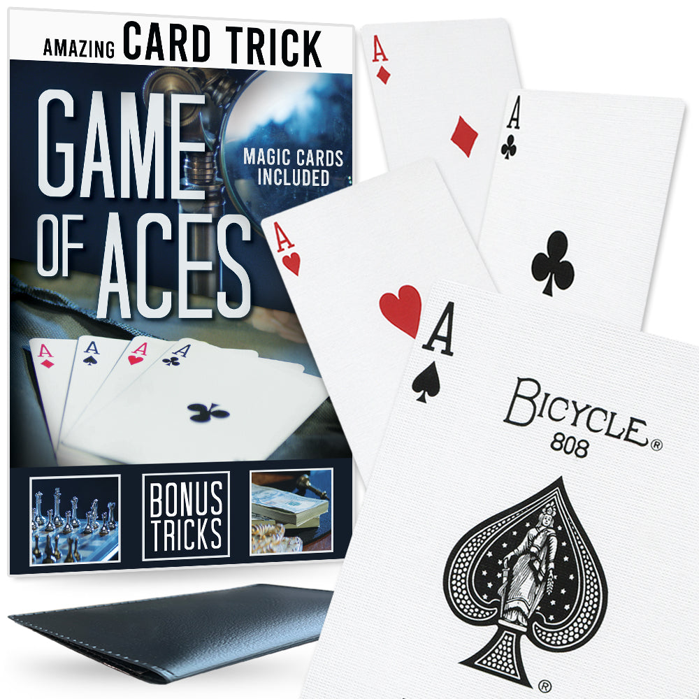 Vibrant Game of Aces packet trick set by Magic Makers, featuring special poker-sized cards with a bicycle air cushion finish.