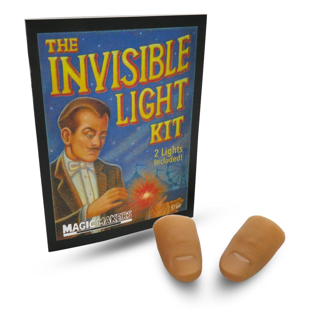 Bright red light glowing at a magician's fingertips, showcasing the Invisible Light Trick with two thumb lights included.