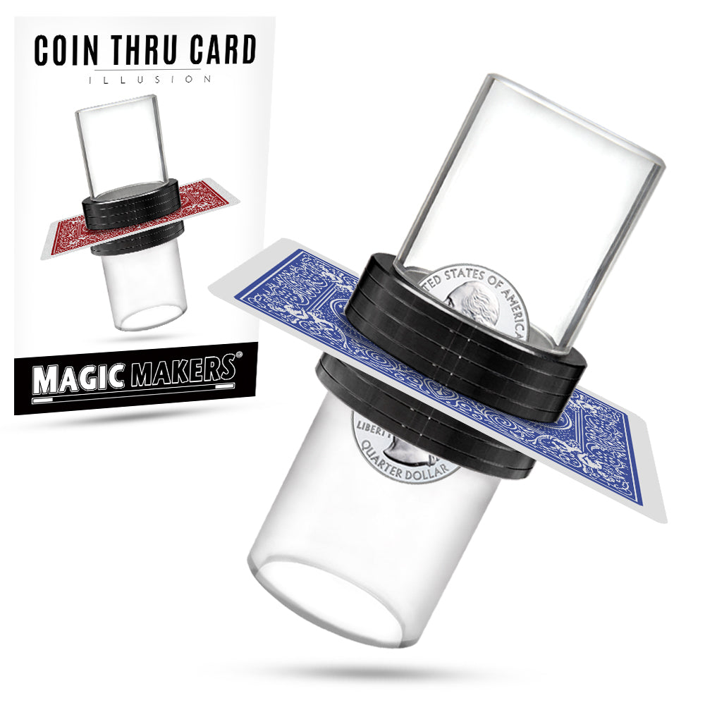 Witness the Magic Coin Thru Card Illusion with a crystal cylinder and a playing card, showcasing a coin penetrating through magically.
