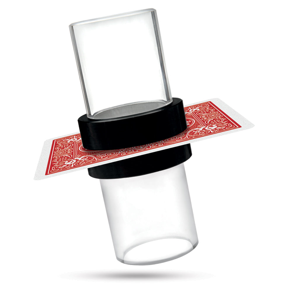 Witness the mesmerizing Magic Coin Thru Card Illusion with a crystal cylinder and a playing card defying logic as coins penetrate through!