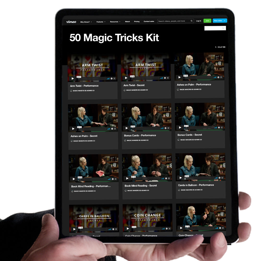 Explore the 50 Amazing Magic Tricks Kit, packed with colorful props like cards, a magic ball, vase, and pyramid puzzle for aspiring magicians.