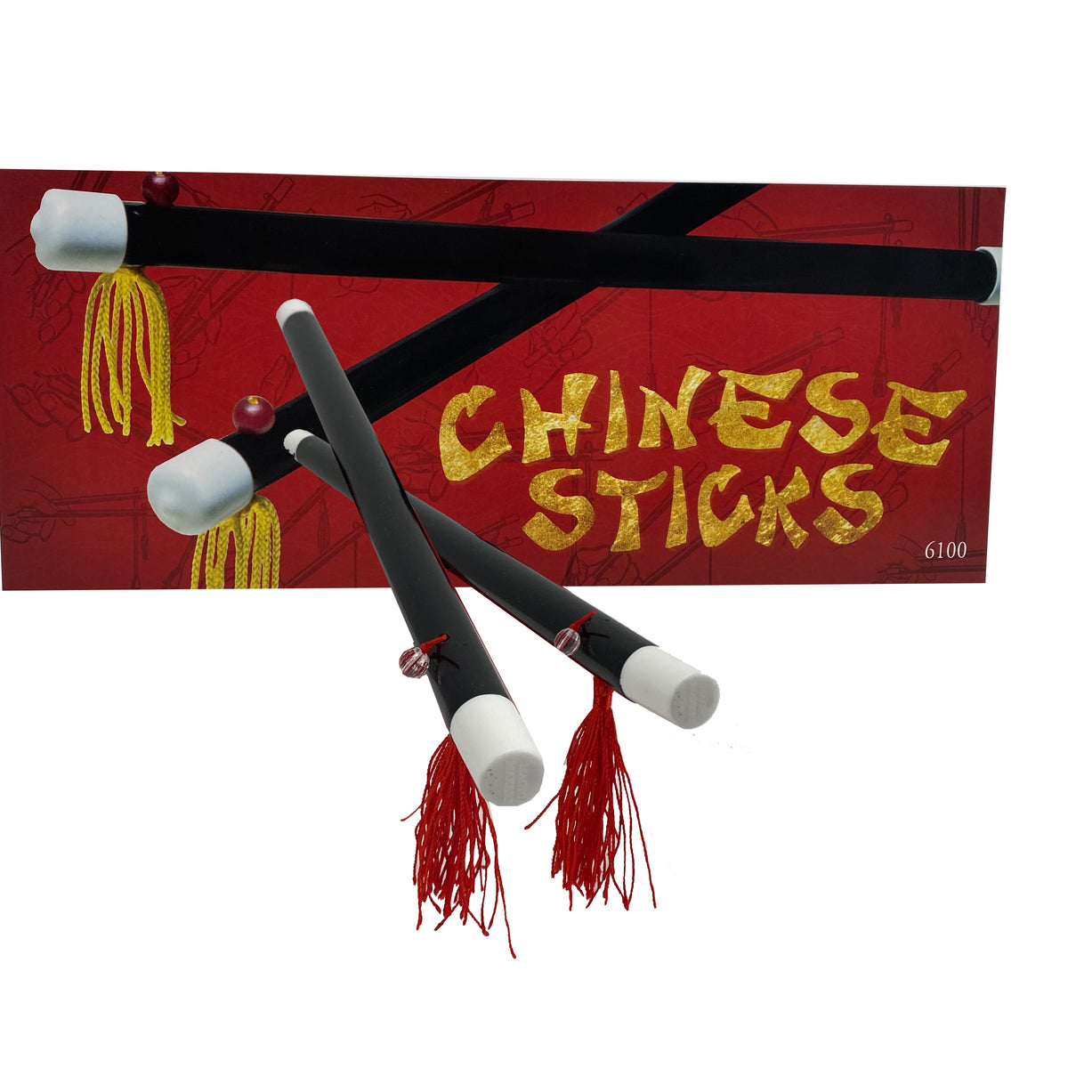 Elegant Magic Chinese Sticks, 10 inches long, in black with white tips and red tassels, crafted for mesmerizing illusions.