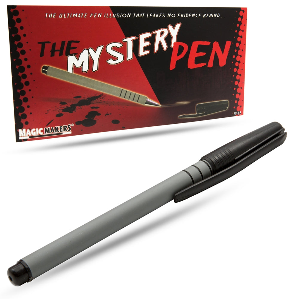 Close-up of the Mystery Pen Deluxe, a sleek grey pen with a hidden gimmick, perfect for magic tricks and everyday use.