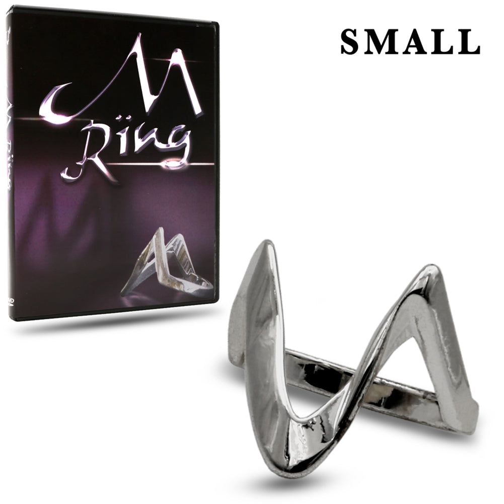 Elegant M Ring in small size (ring size 8), a sleek magician's hold-out device for vanishing and transforming objects.