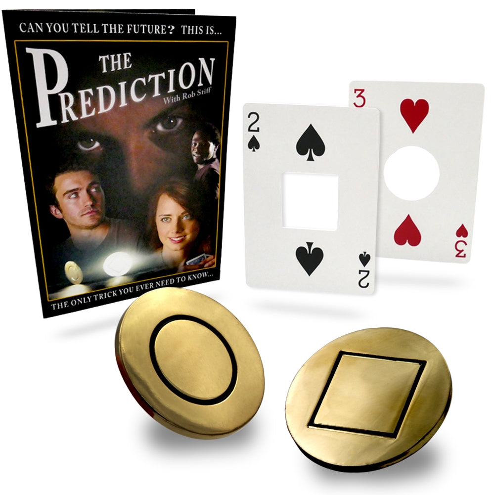 Close-up of The Prediction magic kit by Rob Stiff, showcasing special medallions and props for a mind-blowing card trick.