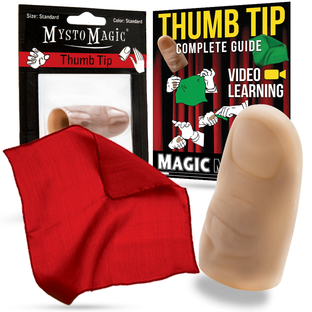 Close-up of the Mysto Magic Thumb Tip in standard size with a vibrant red vanishing silk, ideal for magic tricks.