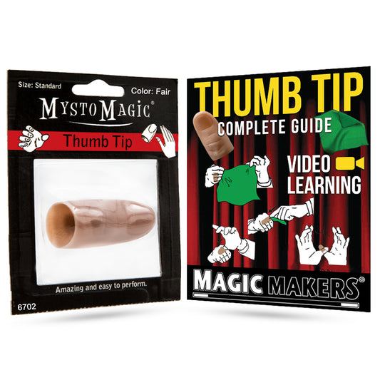 Close-up of the Mysto Magic Thumb Tip in a fair skin tone, paired with a vibrant green vanishing silk, ready for magic tricks.