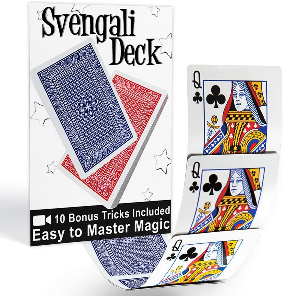 Vibrant blue Svengali Deck Pro Brand Bridge with 54 bridge-size cards, featuring a joker and instructions for magic tricks.
