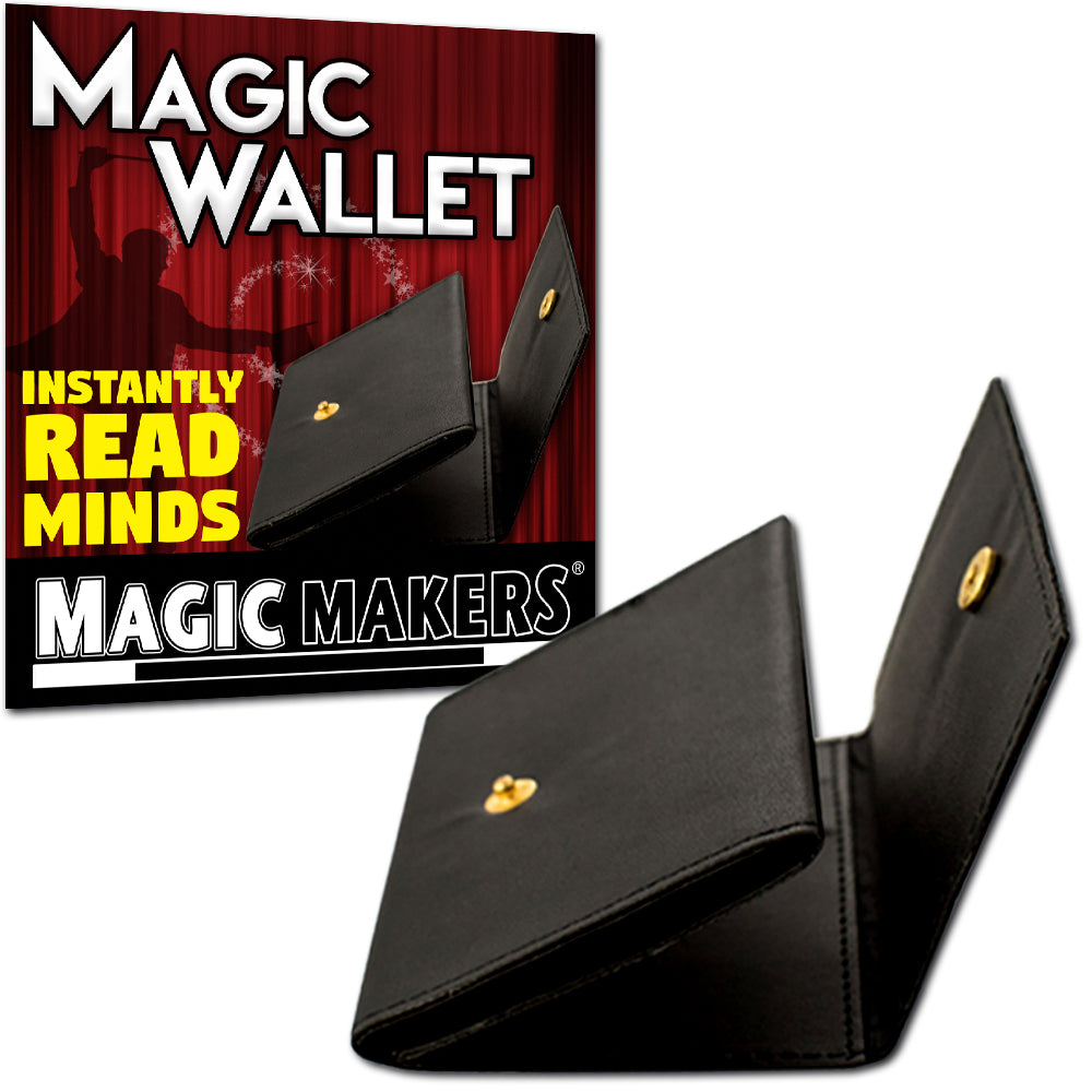 Sleek Magic Wallet Deluxe in black, sized 4x2.75 inches, perfect for mind-reading tricks with a hidden business card.