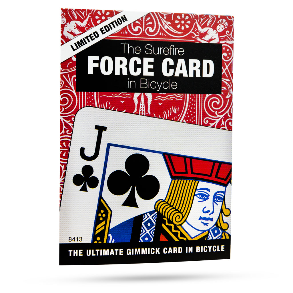 Close-up of the Surefire Magic Force Card Trick featuring a striking red Bicycle back design and the Jack of Clubs gimmick.