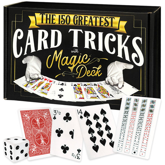 Dive into magic with the 150 Greatest Card Tricks Magic Kit, featuring vibrant card decks in red or blue and a sleek black wallet.
