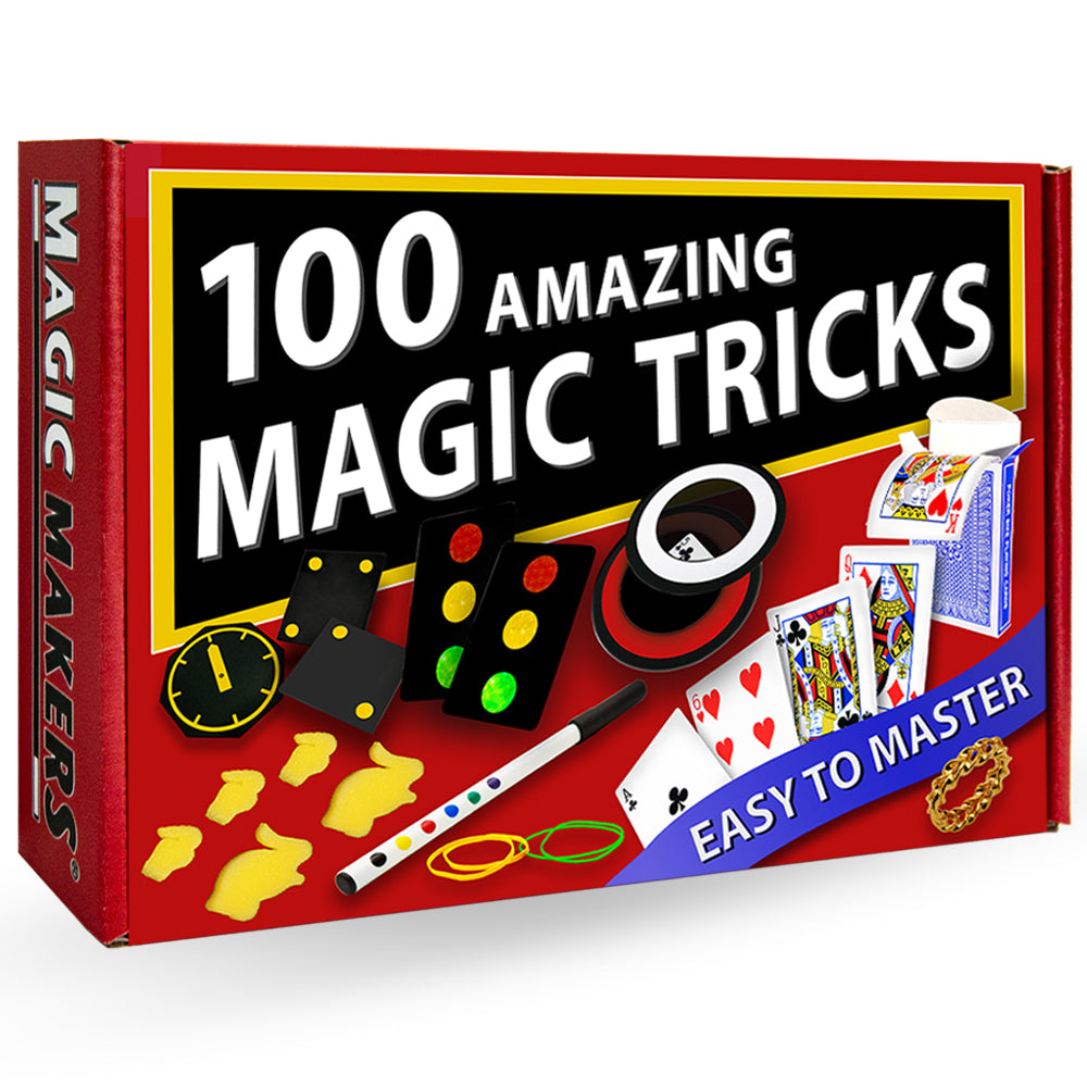 Explore the 100 Amazing Magic Tricks Kit, packed with colorful props like the Secret Deck and Magic Stop Light Cards for jaw-dropping illusions.