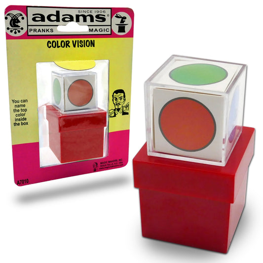 Vibrant Color Vision magic trick by SS Adams, featuring a colorful cube, plastic box, and lid for an intriguing illusion.