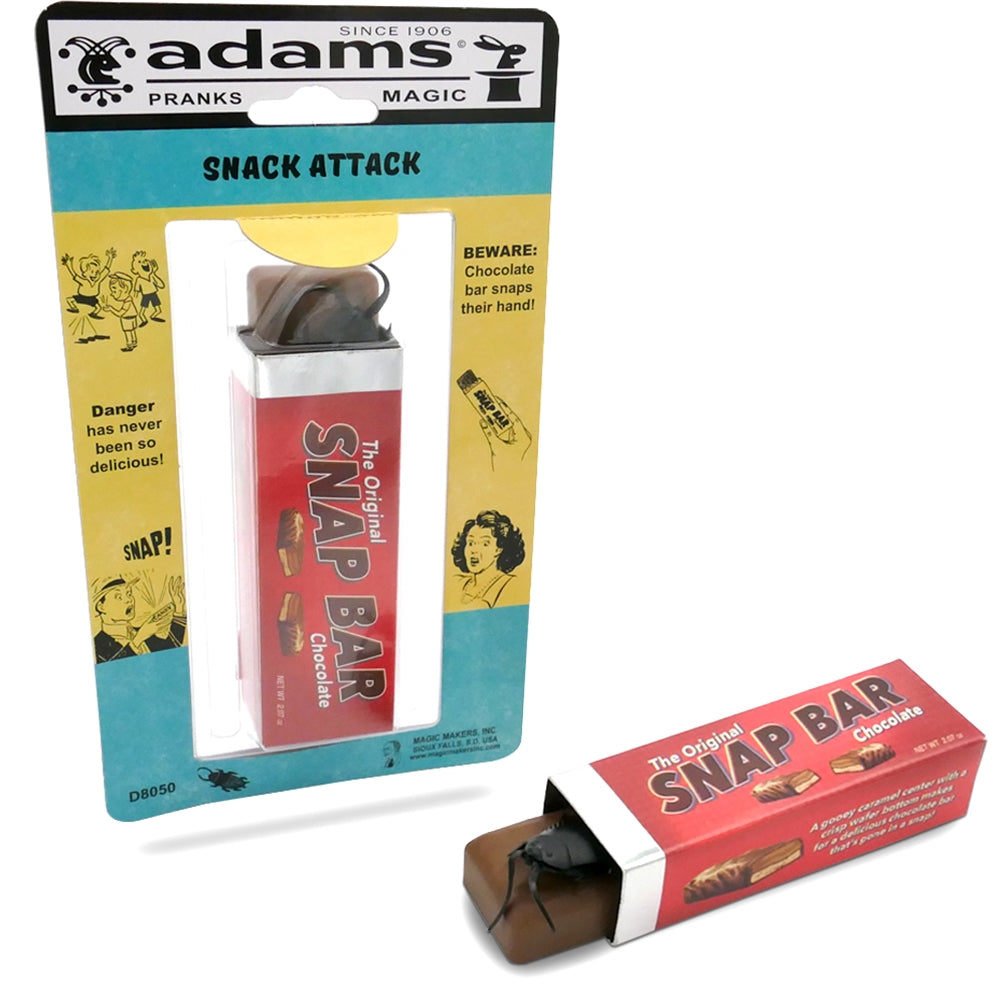 A playful Snack Attack prank candy bar with a hidden giant cockroach trap, ready to surprise an unsuspecting victim.