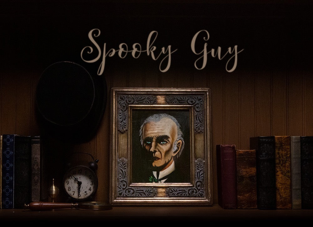 Creepy oil painting of a mysterious figure with piercing eyes, framed in a vintage wooden frame, perfect for spooky decor.