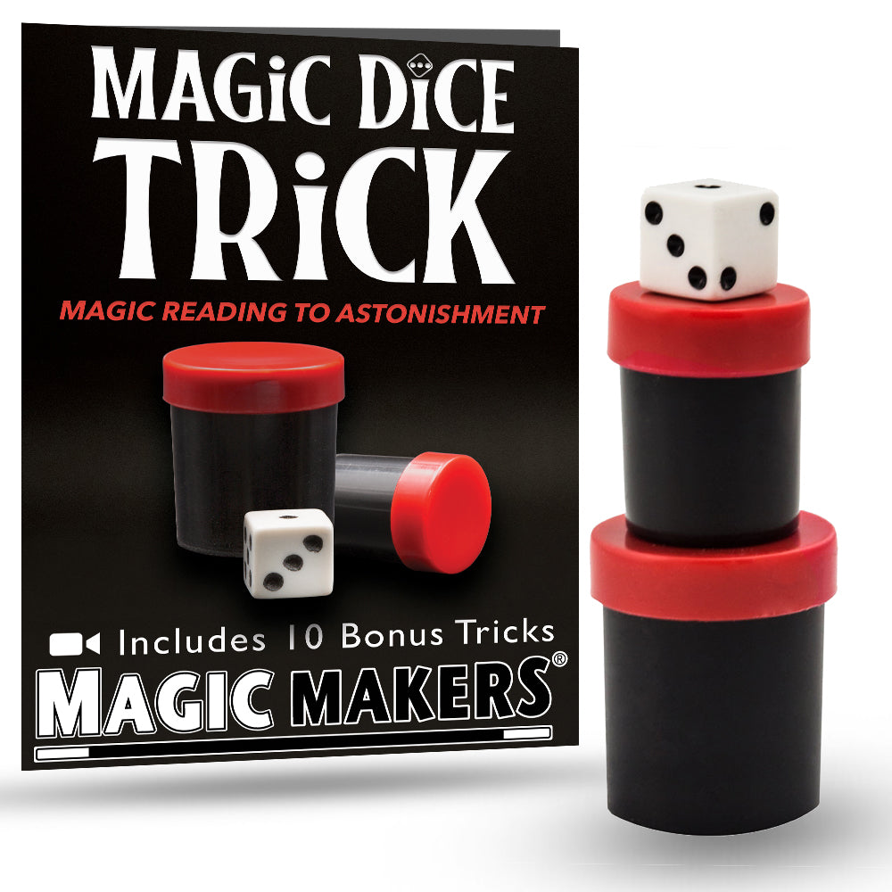 Close-up of the Magic Makers Magic Dice, a compact mind-reading trick with vibrant red dice and a sleek black case.