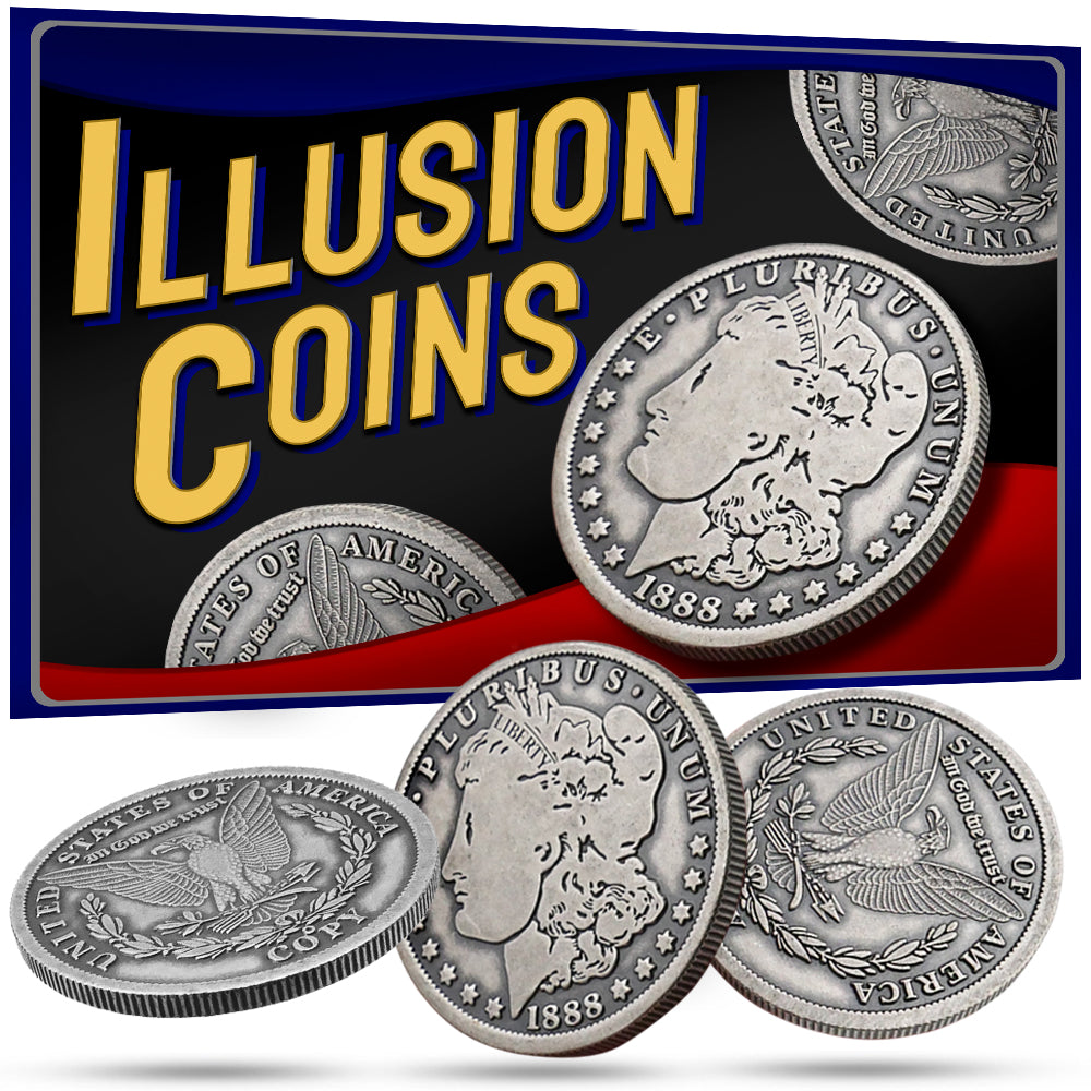 Detailed view of Illusion Coins Pro Model, showcasing three heavy, 1.5-inch diameter coins and a matching coin shell for magic tricks.