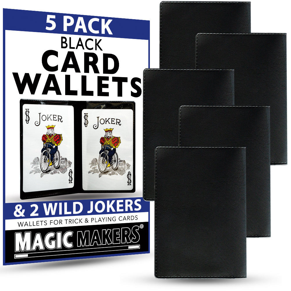 Sleek black card wallets in a 5-pack bundle, showcasing durable design with clear windows for storing magic trick cards.