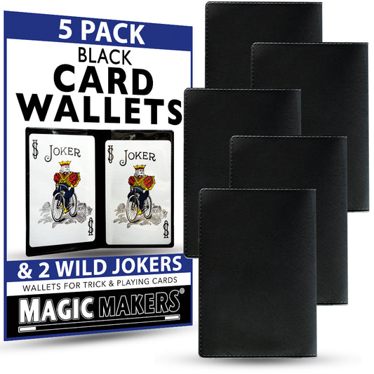 Sleek black card wallets in a 5-pack bundle, showcasing durable design with clear windows for storing magic trick cards.