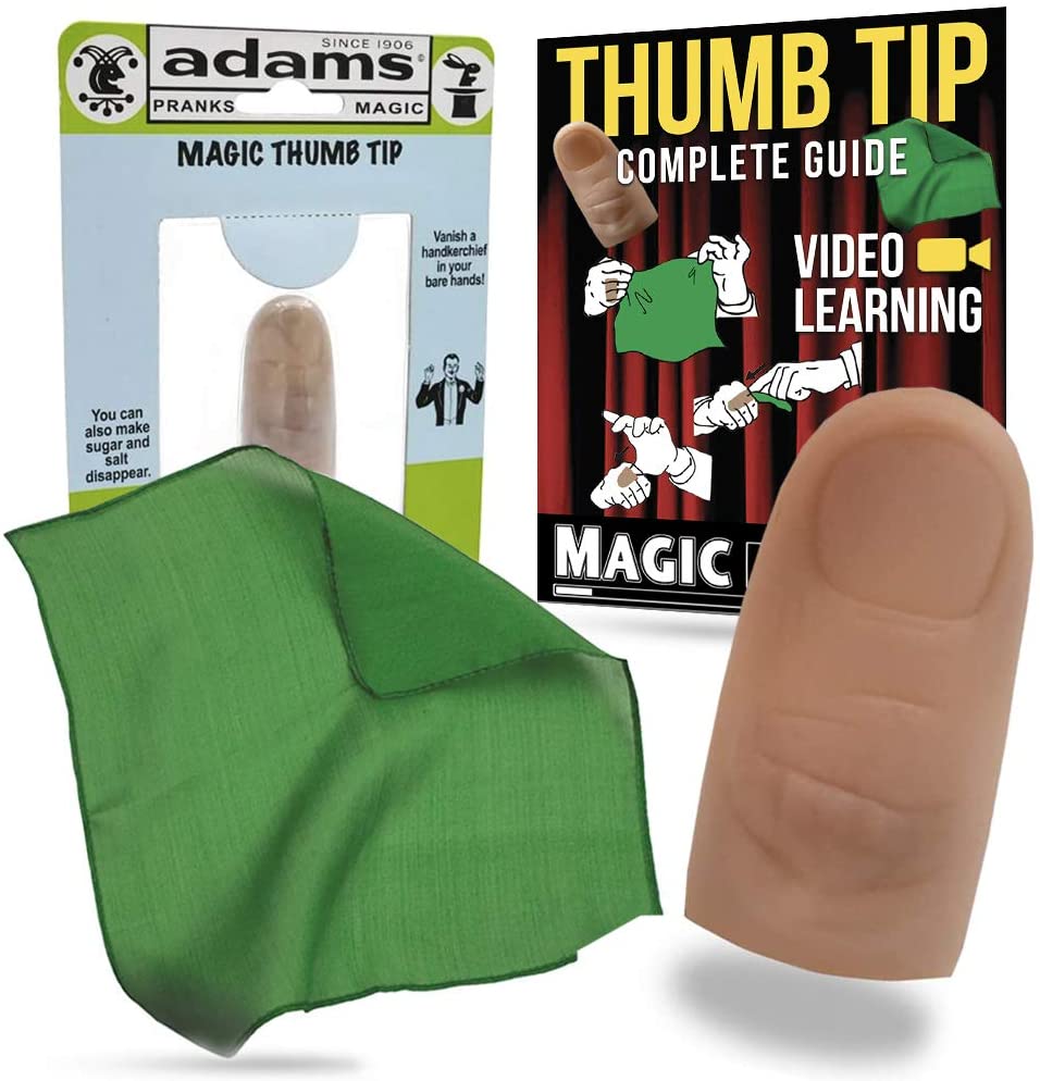 Close-up of the Magic Thumb Tip, a clever magician's tool with a realistic design, perfect for vanishing small items like the included red hanky.