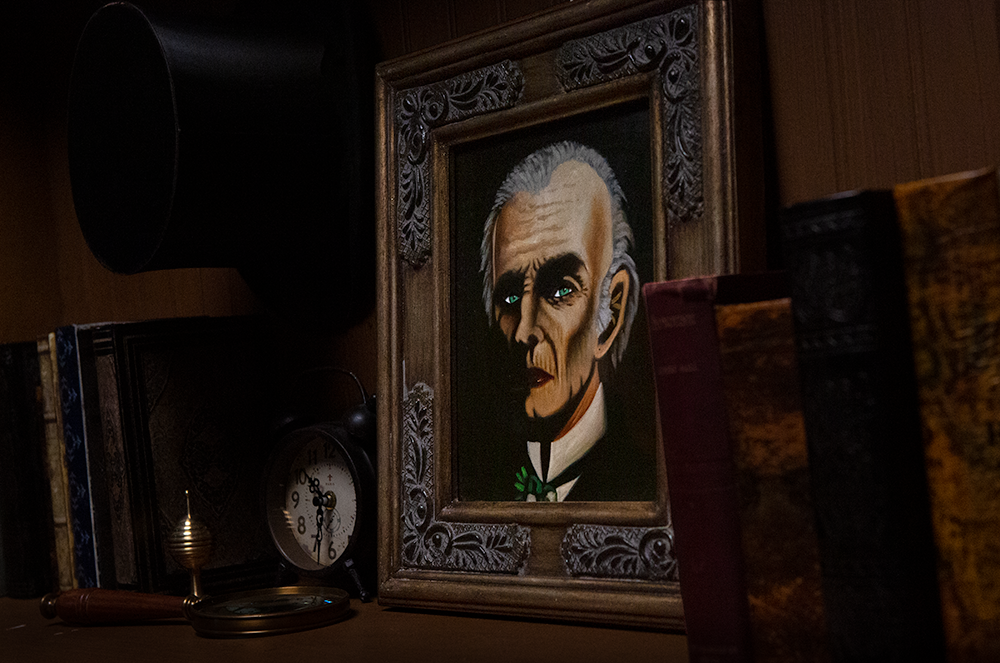 Creepy oil painting of a mysterious man with piercing eyes, framed in a vintage wooden frame, perfect for haunted decor.