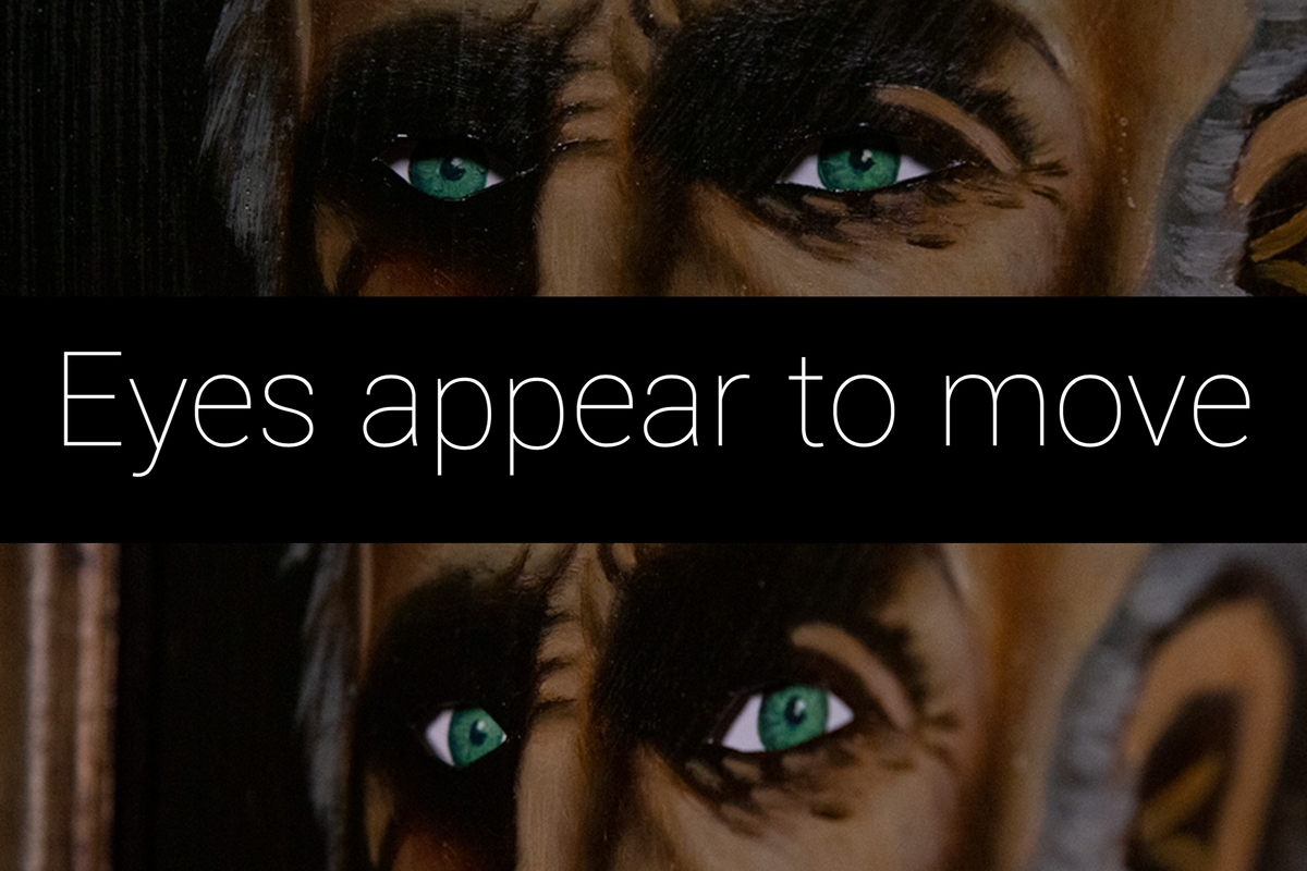 Creepy oil painting of a mysterious figure with piercing eyes, framed in a vintage wooden frame, perfect for haunted decor.